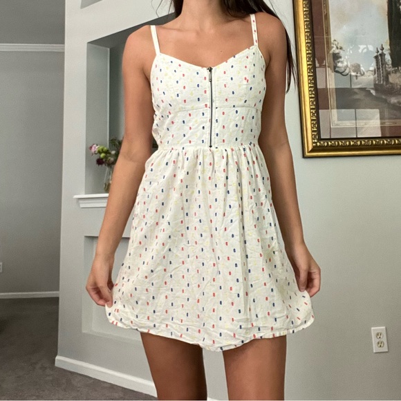 Cream Multicolor Polkadot Front Zipper Dress - Picture 1 of 8